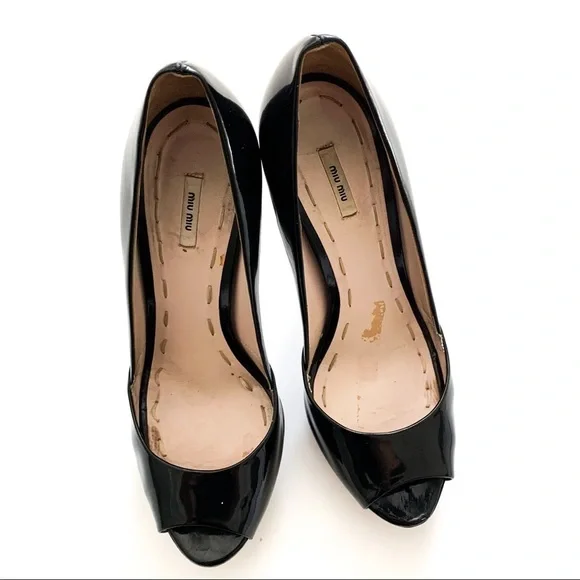 Miu Miu Patent Leather Peep-toe Black Heels 38 - Picture 7 of 14